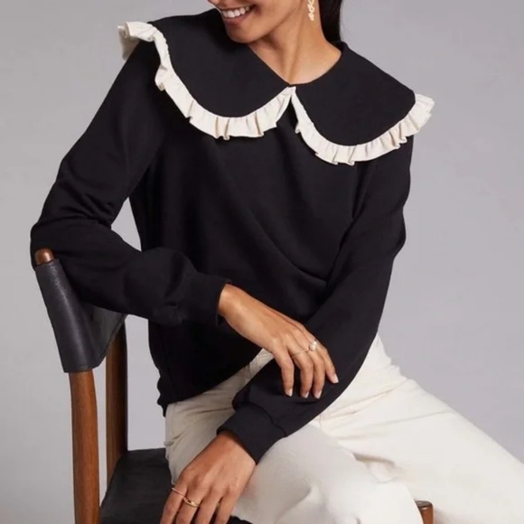Anthropologie Sweaters - Anthropologie Black Sweater with Cream Ruffle Neckline
